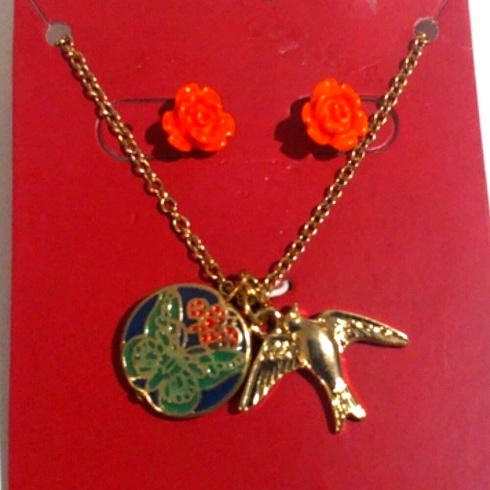 Gold-tone Bird & Butterfly Charm Necklace with Orange Rose Stud Earrings – Women